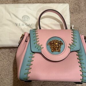Versace Pink and Blue Satchel with Structured Design